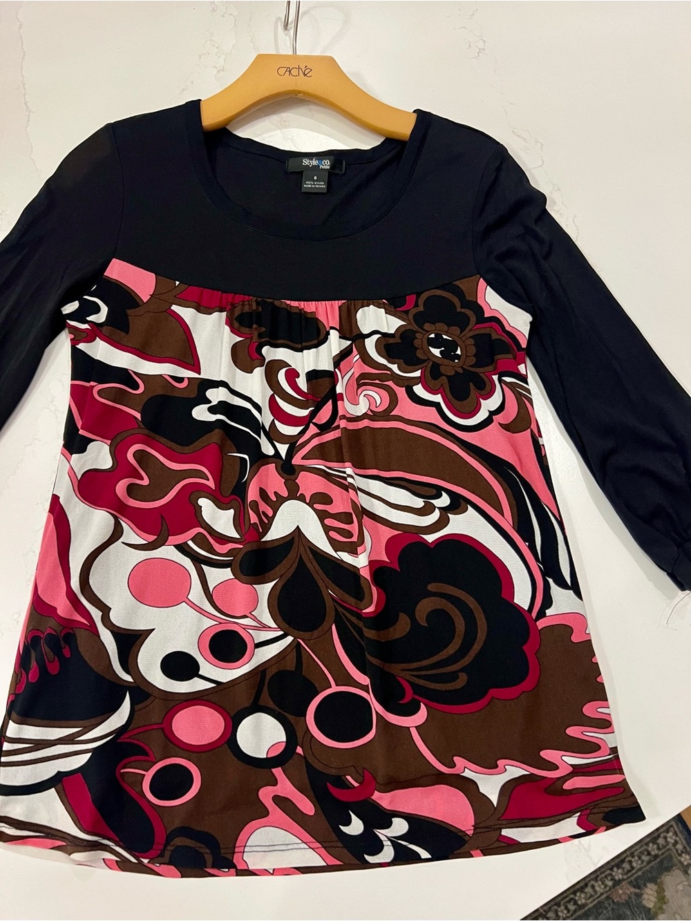 Style & Co. Black Top with Pink, Brown, White & Red Swirl Print